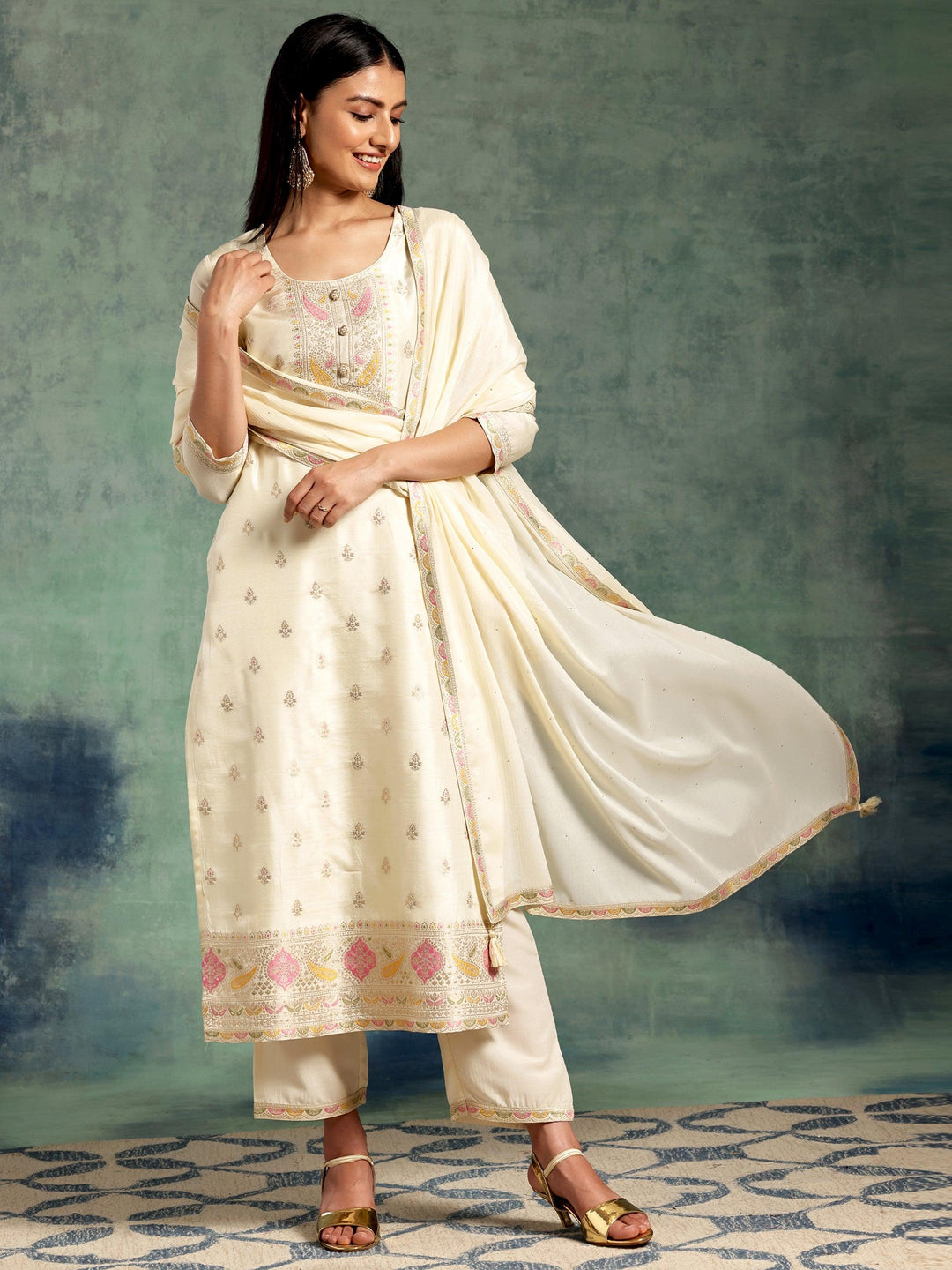 Off White Woven Design Silk Blend Straight Suit With Dupatta - Libas 