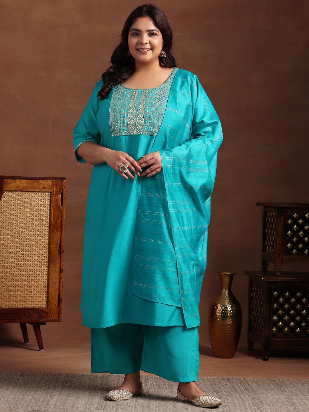 Plus Size Green Yoke Design Silk Blend Straight Suit With Dupatta - Libas 