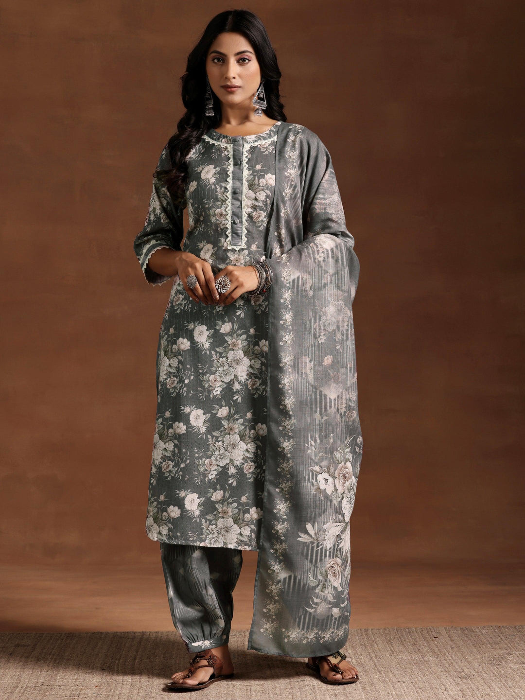 Grey Printed Cotton Straight Suit With Dupatta - Libas 