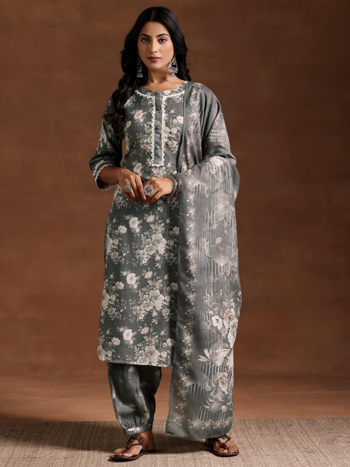 Grey Printed Cotton Straight Suit With Dupatta - Libas