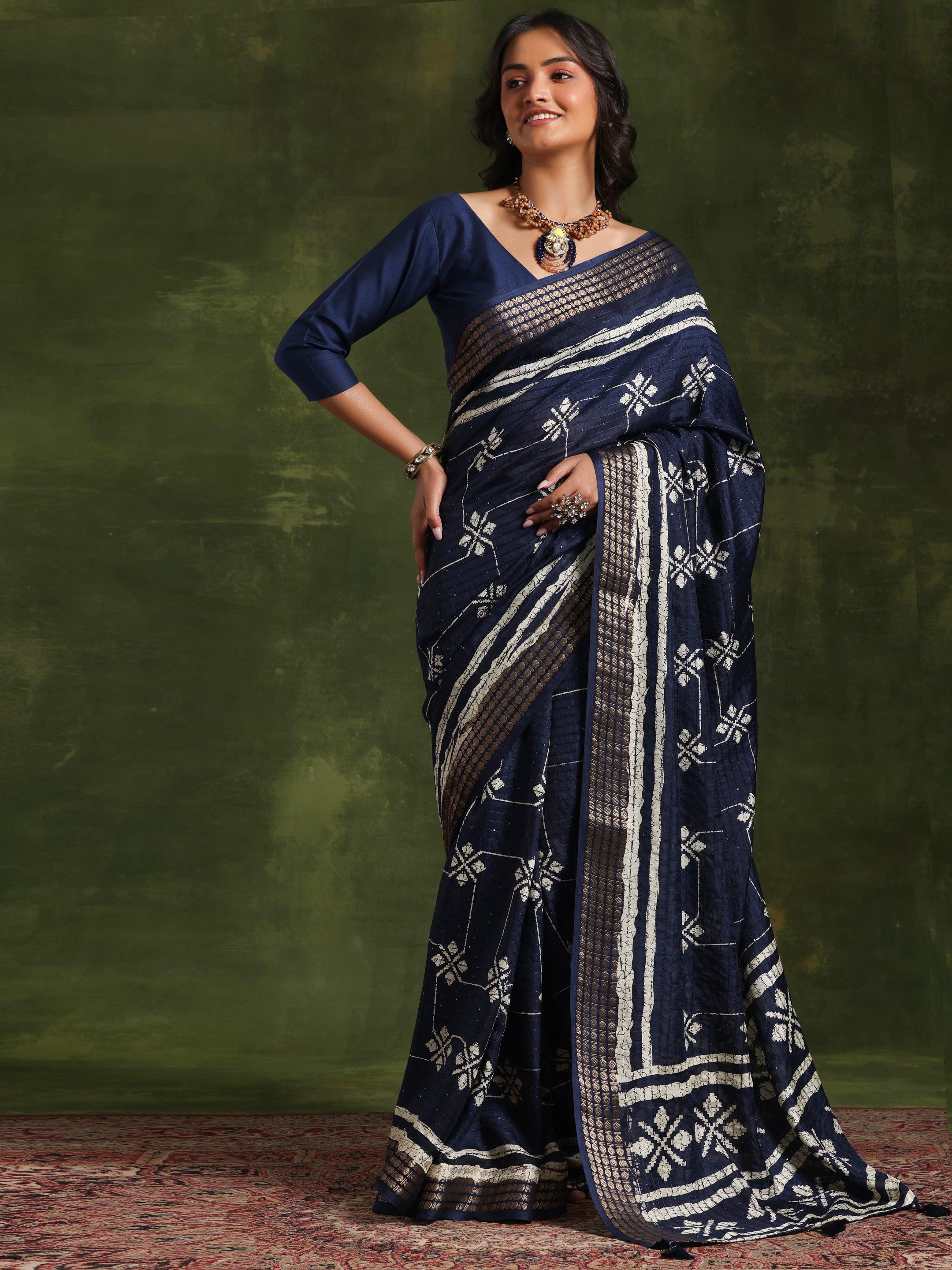 Blue Printed Silk Blend Saree With Unstitched Blouse Piece