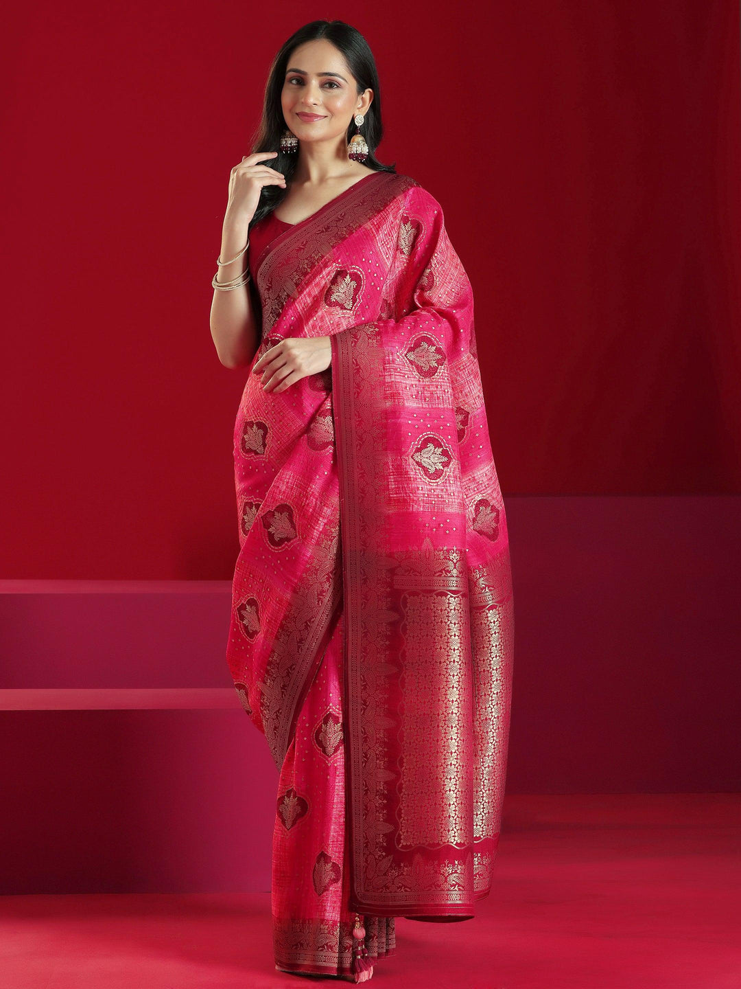 Libas Art Pink Woven Design Satin Saree With Unstitched Blouse Piece - Libas