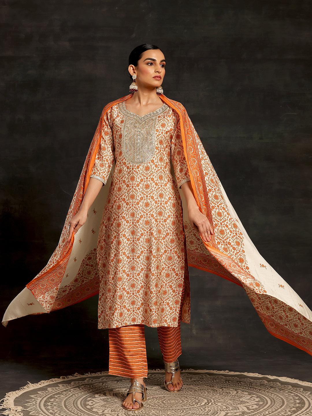 Beige Printed Silk Blend Straight Suit With Dupatta