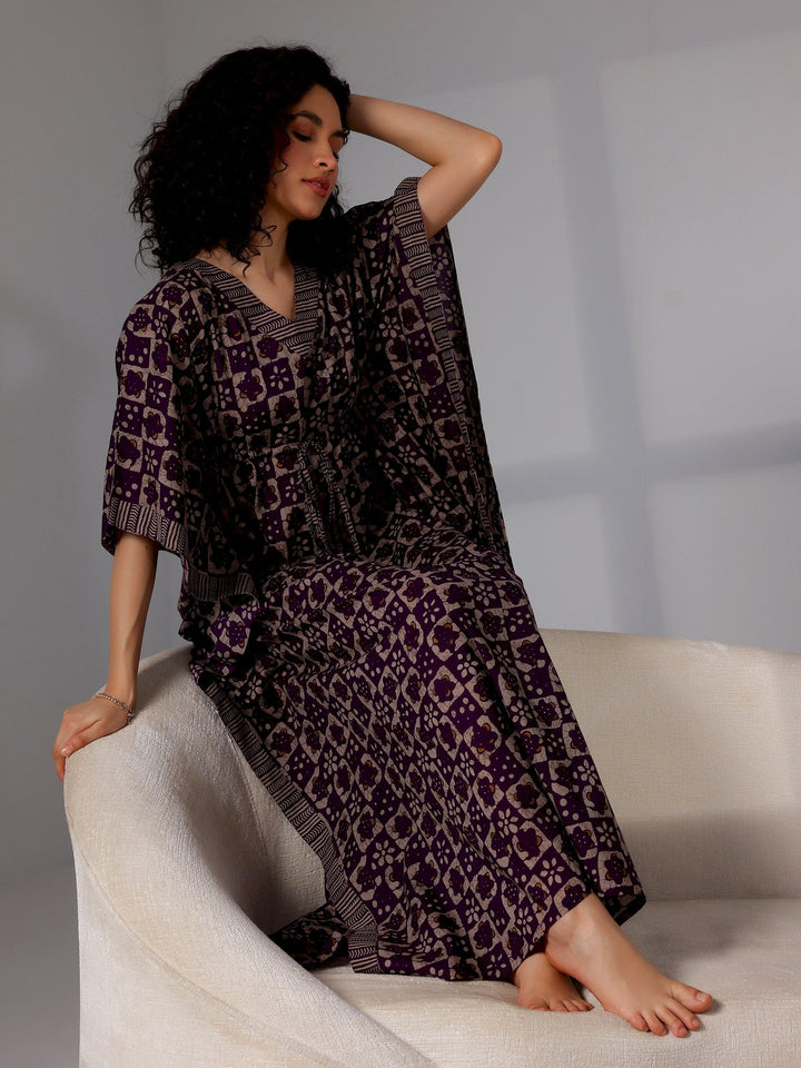 Purple Printed Cotton Kaftan Night Dress - Libas