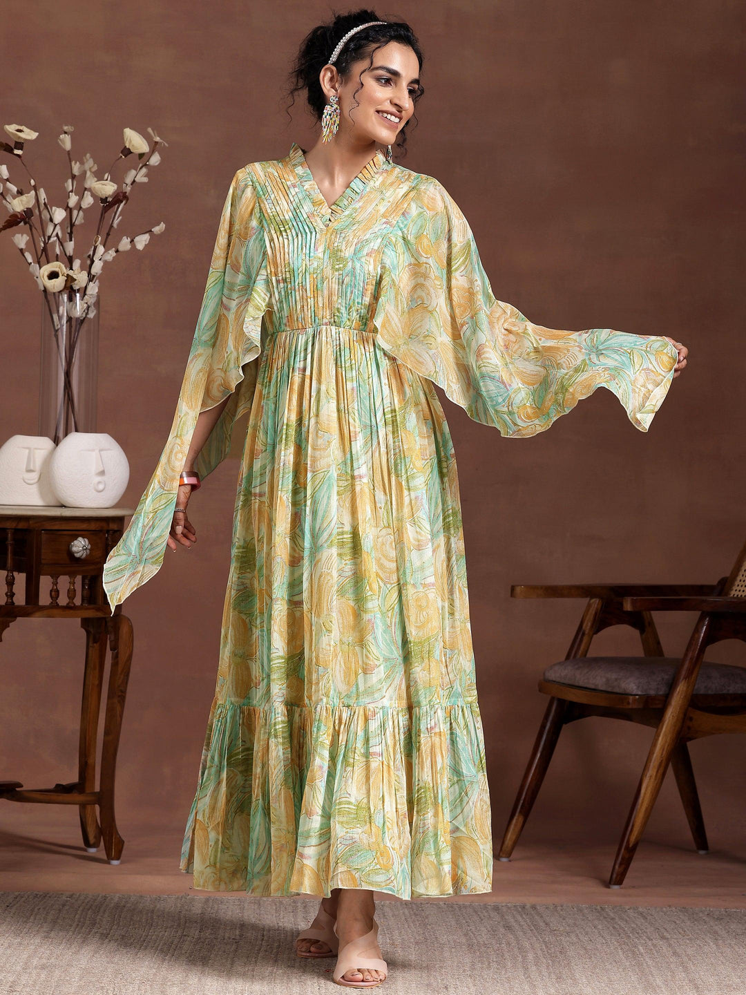 Green Printed Chiffon A-Line Dress - Libas 