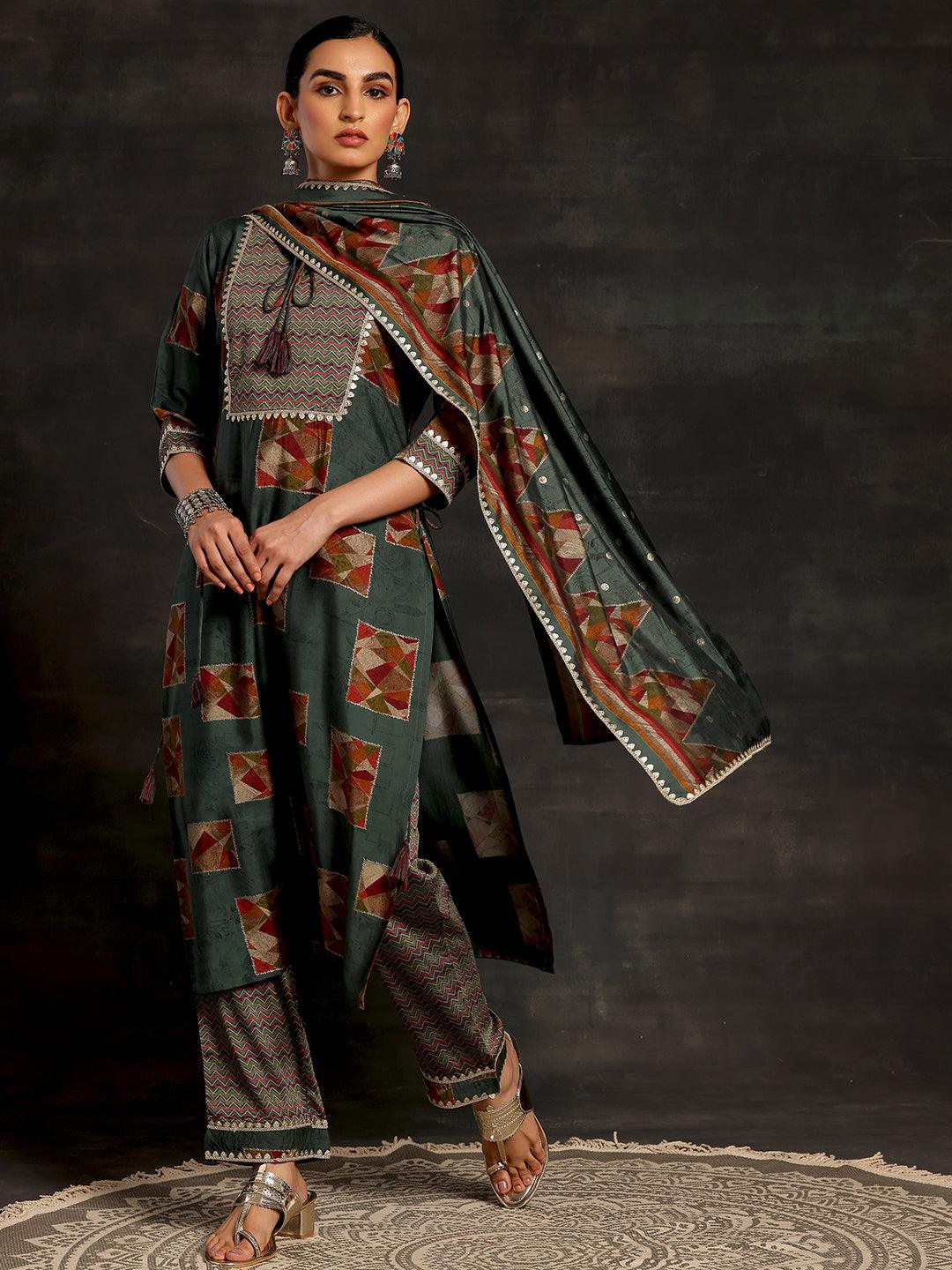 Green Printed Silk Blend Straight Suit With Dupatta - Libas