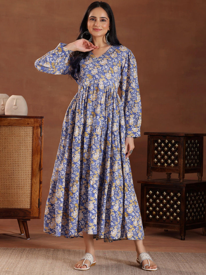 Blue Printed Cotton Fit and Flare Dress - Libas