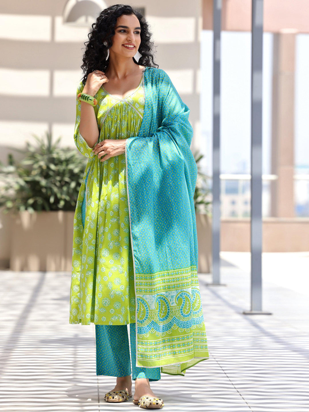 Green Printed Cotton A-Line Kurta With Palazzos & Dupatta - Libas 