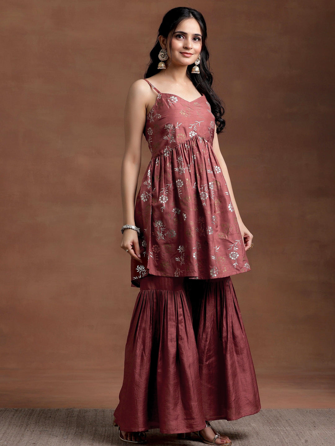 Brown Printed Silk Blend A-Line Kurta With Sharara - Libas 