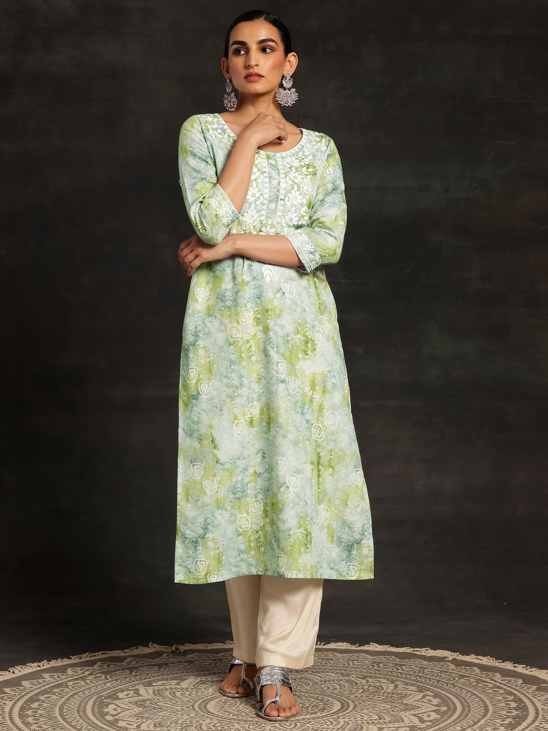 Green Printed Cotton Straight Kurta - Libas