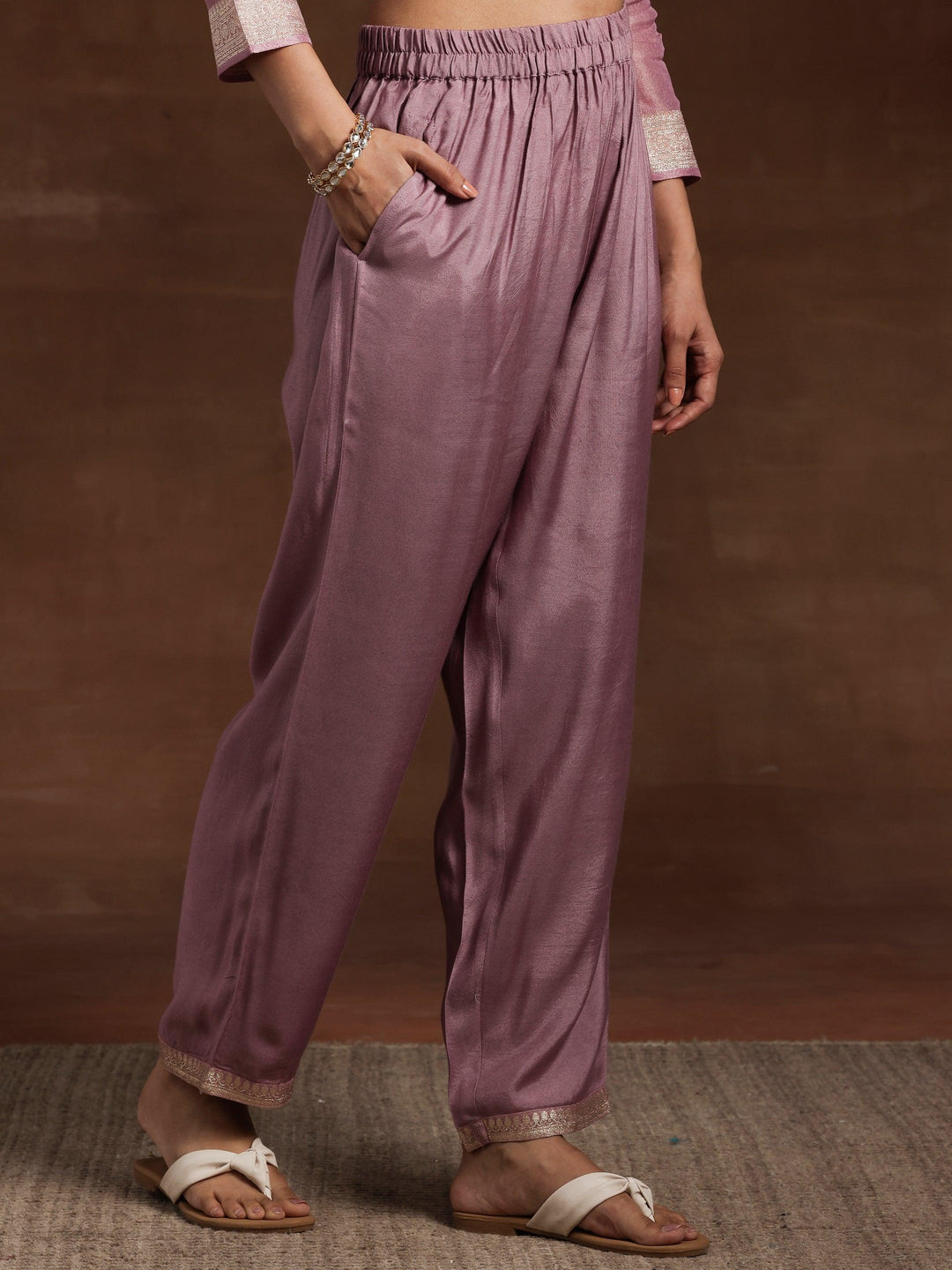 Mauve Woven Design Silk Blend Straight Kurta With Palazzos & Dupatta - Libas 