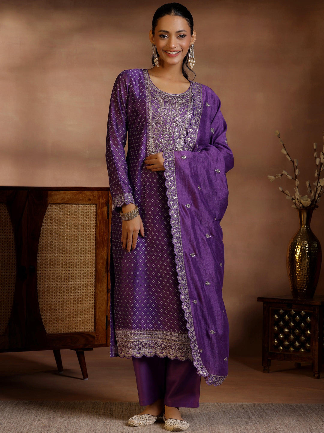  Purple Printed Silk Blend Straight Suit With Dupatta 