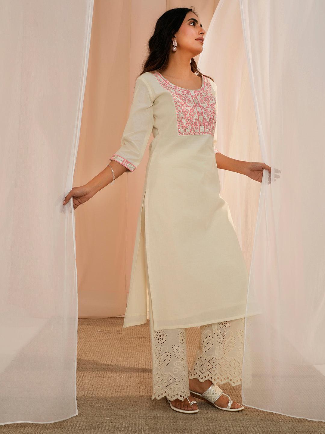 Off White Yoke Design Cotton Straight Kurta - Libas 