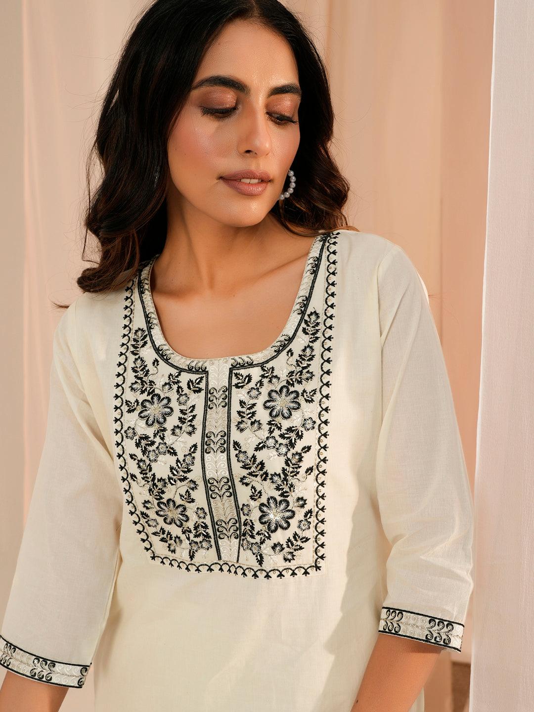 Off White Yoke Design Cotton Straight Kurta - Libas 