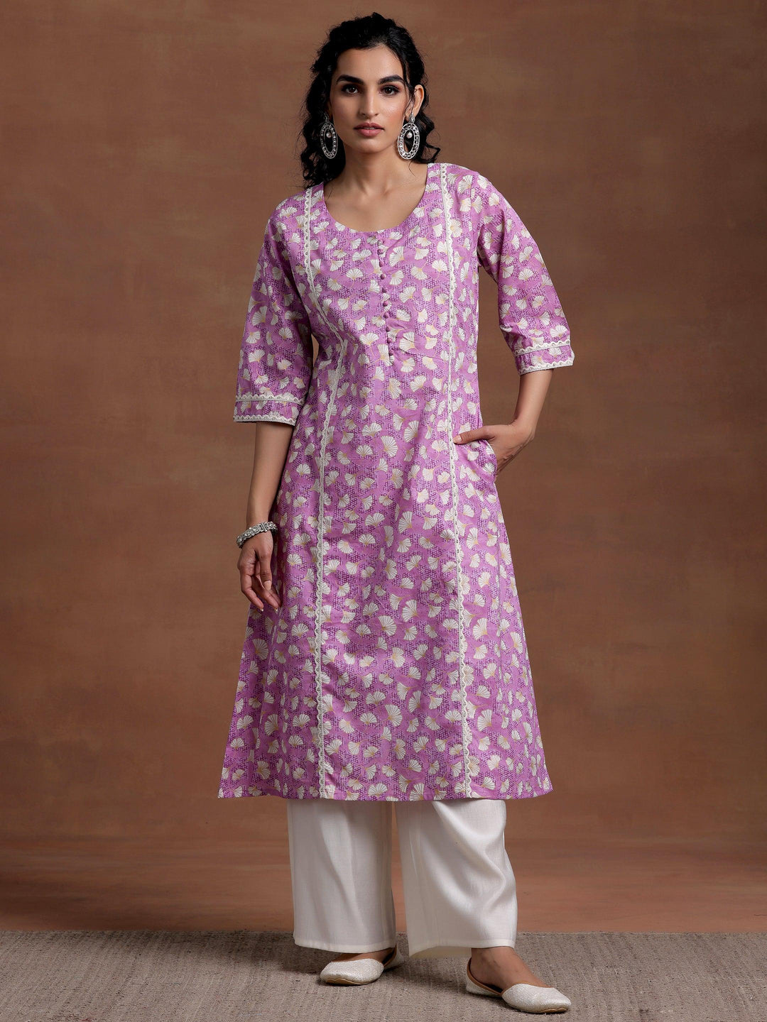 Purple Printed Cotton A-Line Kurta - Libas 