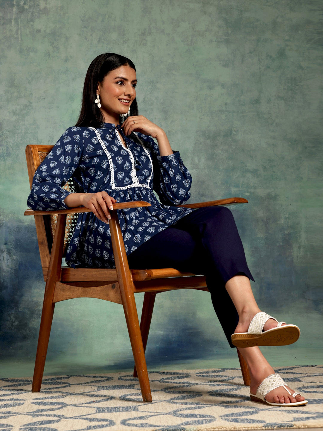 Blue Yoke Design Cotton A-Line Kurti - Libas 