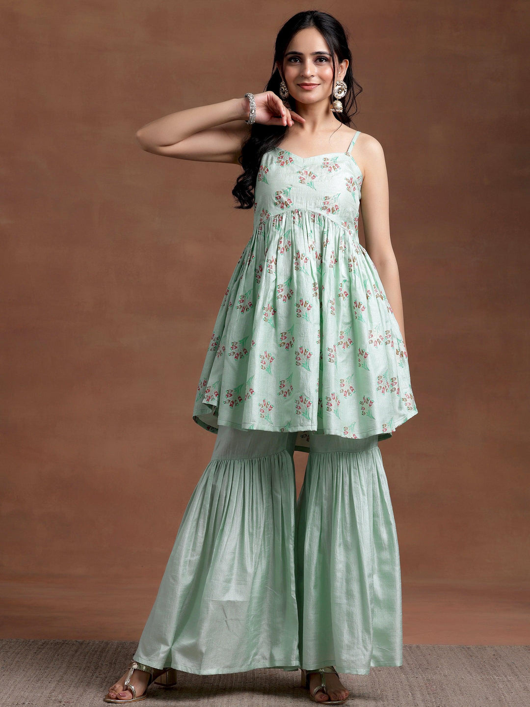 Sea Green Printed Silk Blend A-Line Kurta With Sharara - Libas 