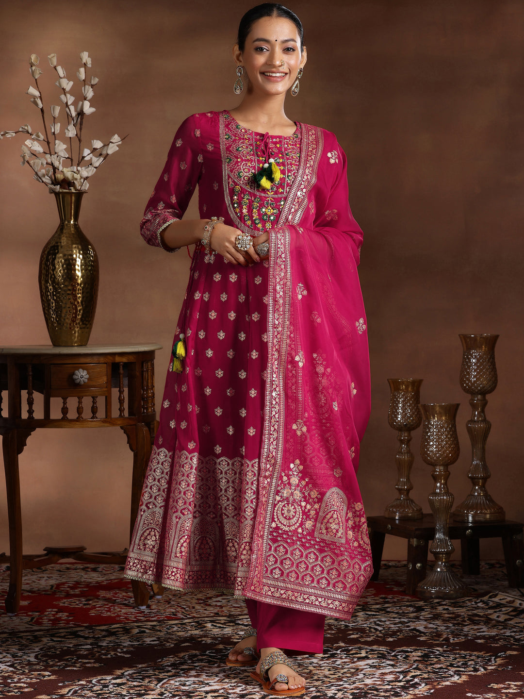  Pink Printed Organza Anarkali Suit With Dupatta 