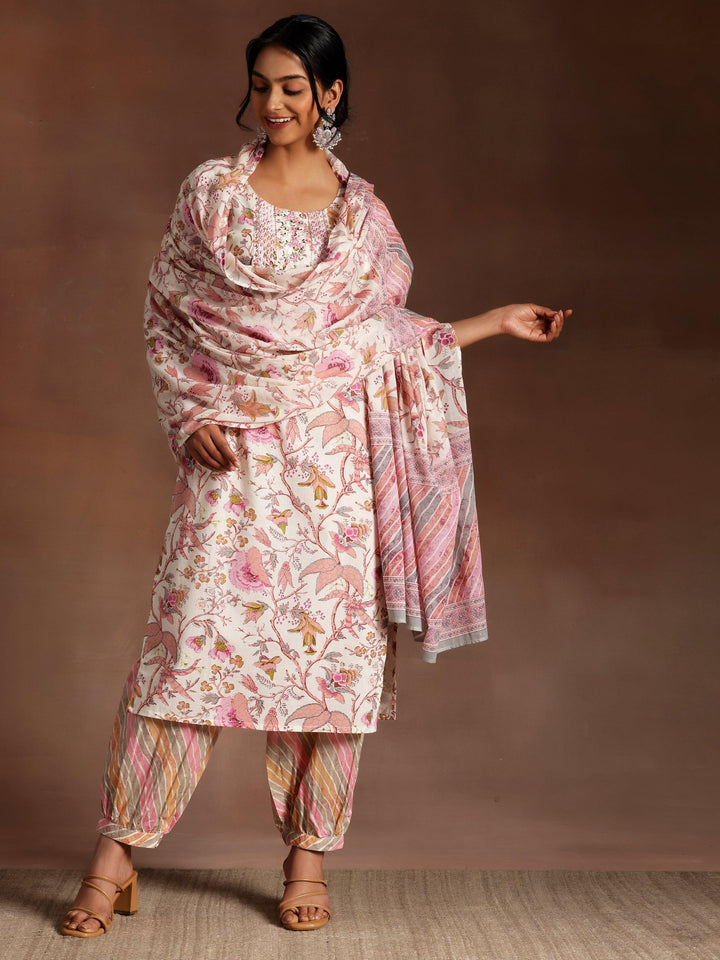 Pink Printed Cotton Straight Suit With Dupatta - Libas