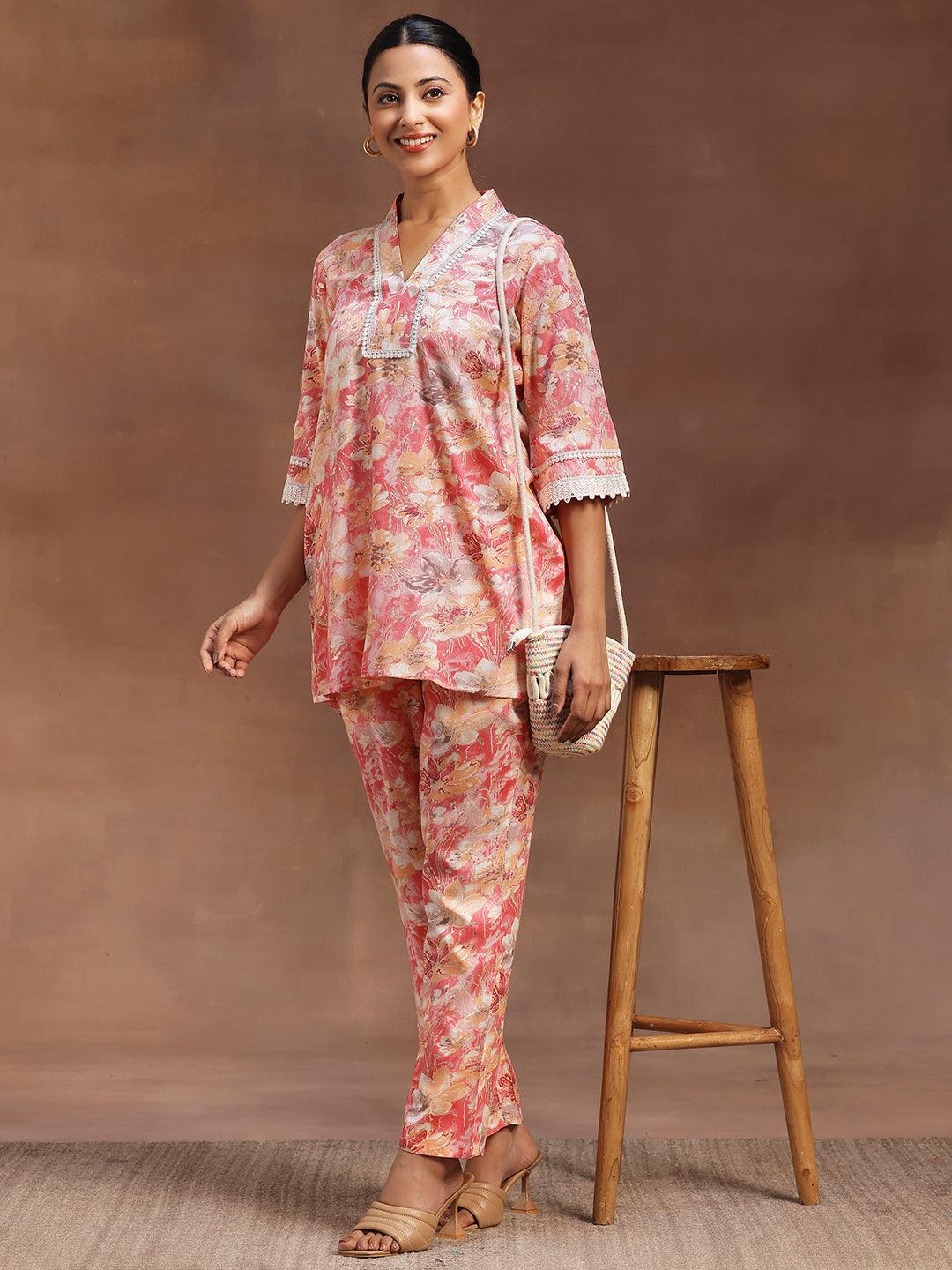 Peach Printed Cotton Blend Co-Ords - Libas