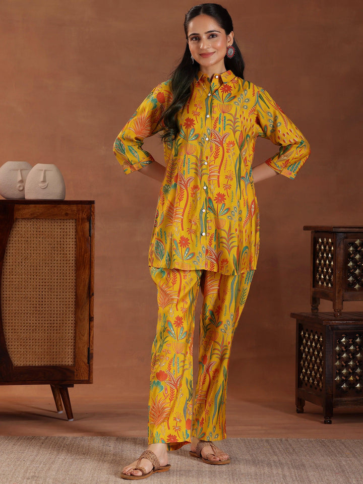 Yellow Printed Silk Blend Co-Ords - Libas