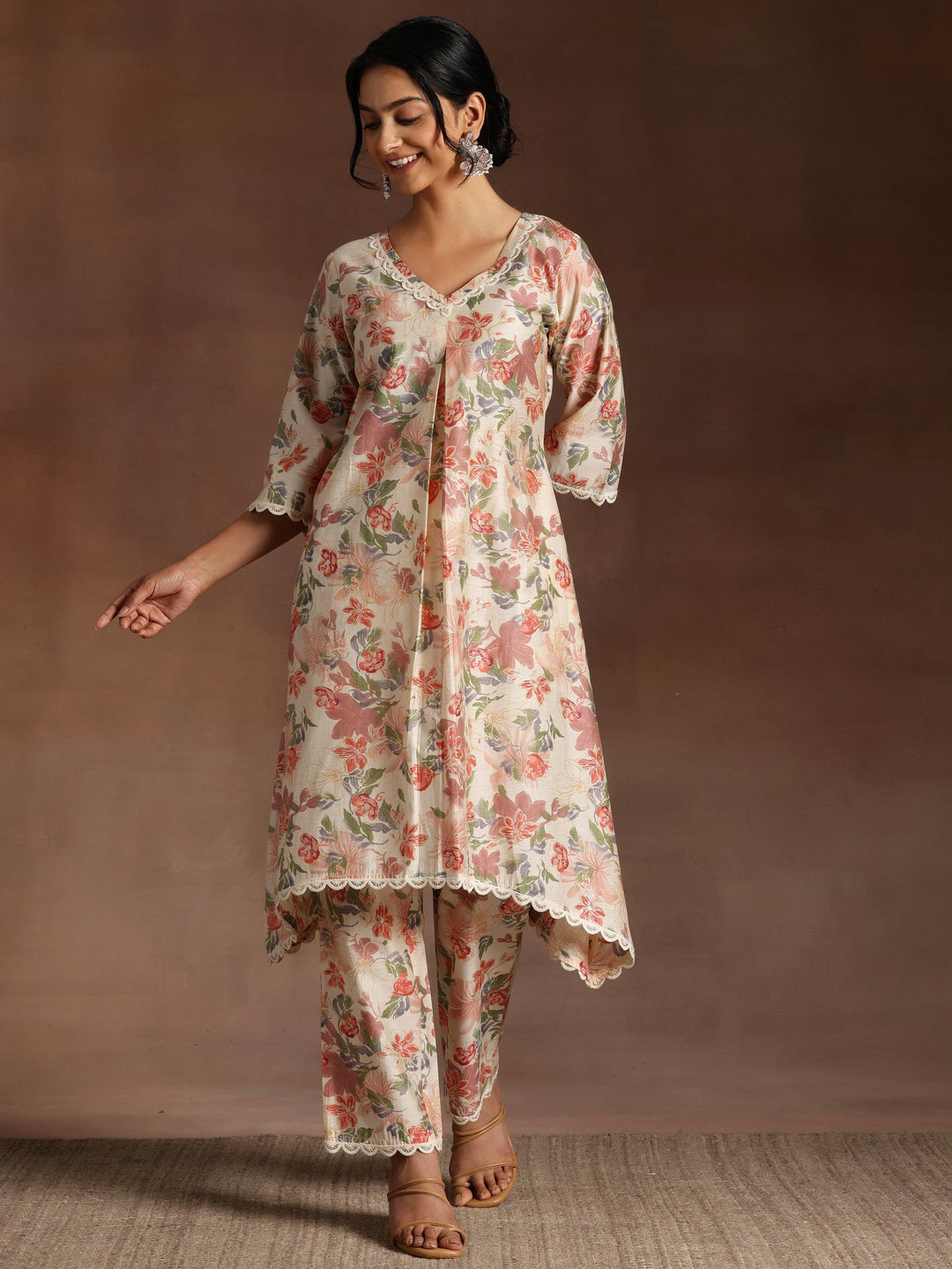 Khwaab Beige Printed Chanderi Silk A-Line Kurta With Trousers - Libas 