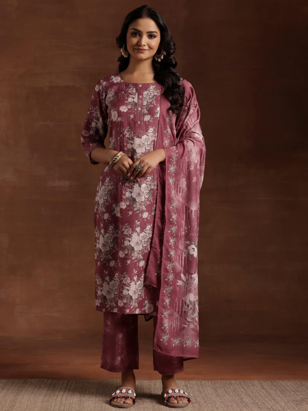 Mauve Printed Cotton Straight Suit With Dupatta - Libas 