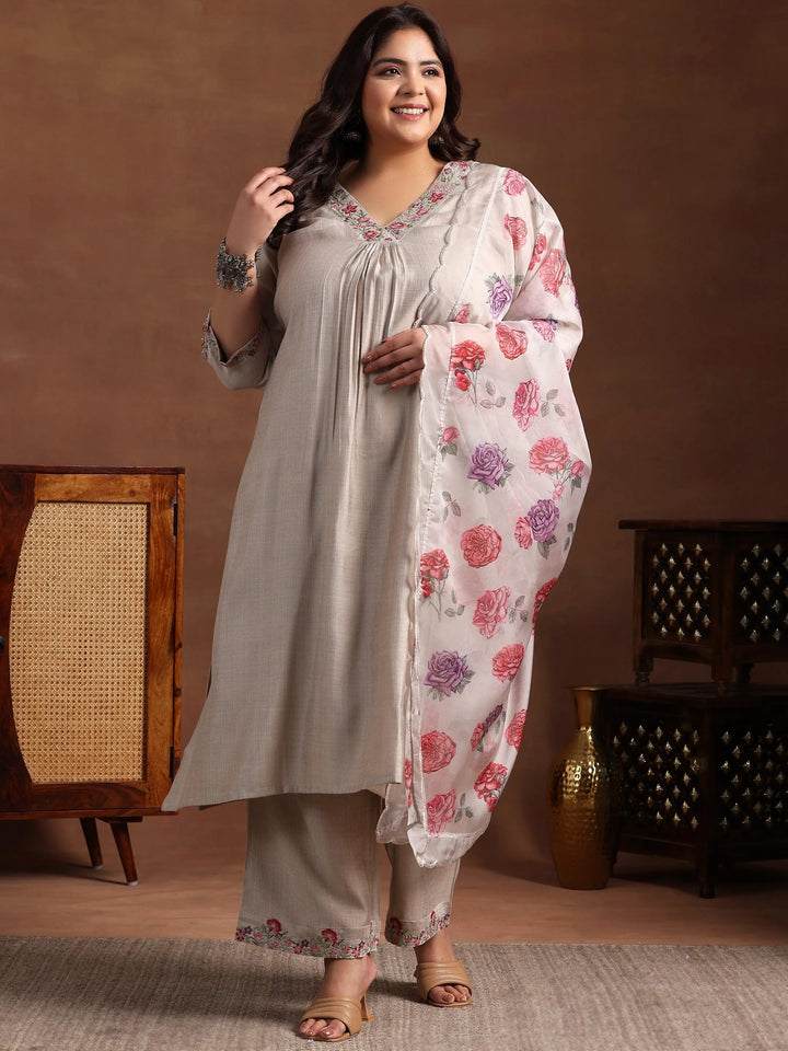 Plus Size Beige Yoke Design Silk Blend Straight Suit With Dupatta - Libas