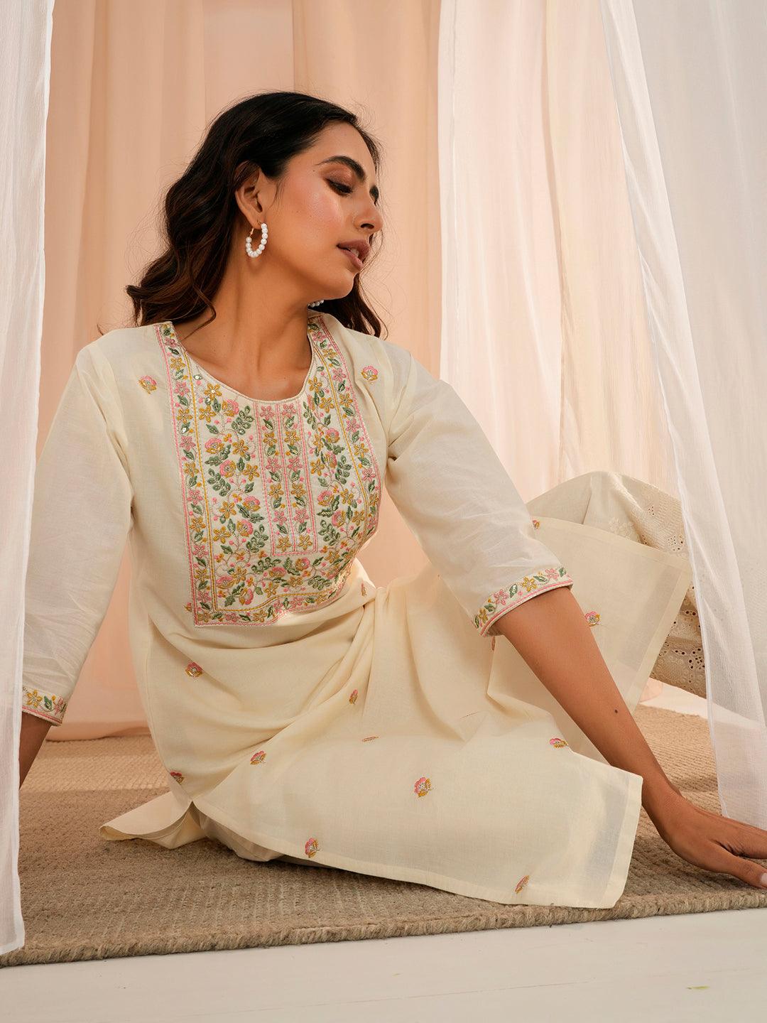 Off White Embroidered Cotton Straight Kurta - Libas 