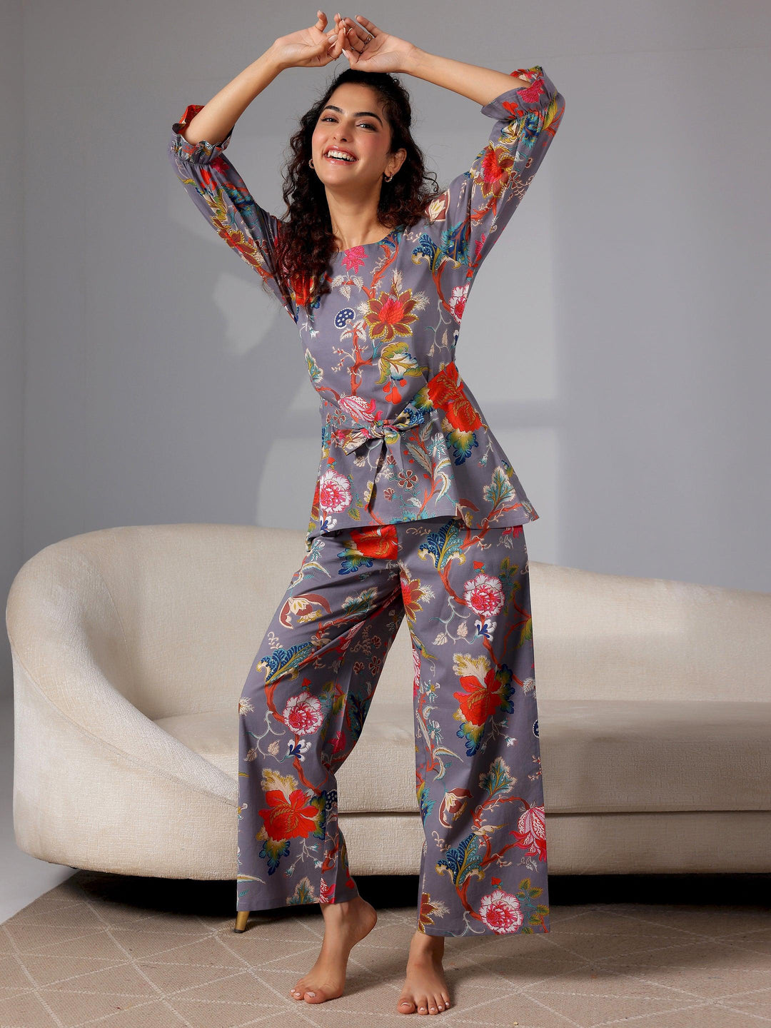 Grey Printed Cotton Night Suits - Libas 