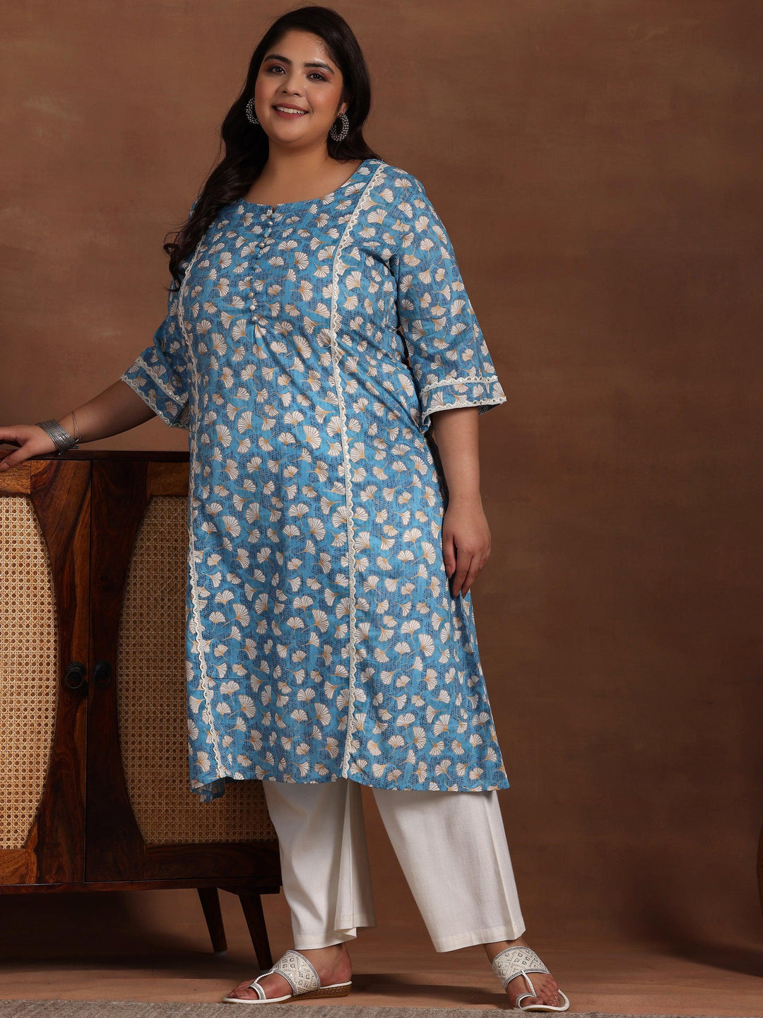 Plus Size Blue Printed Cotton A-Line Kurta - Libas 