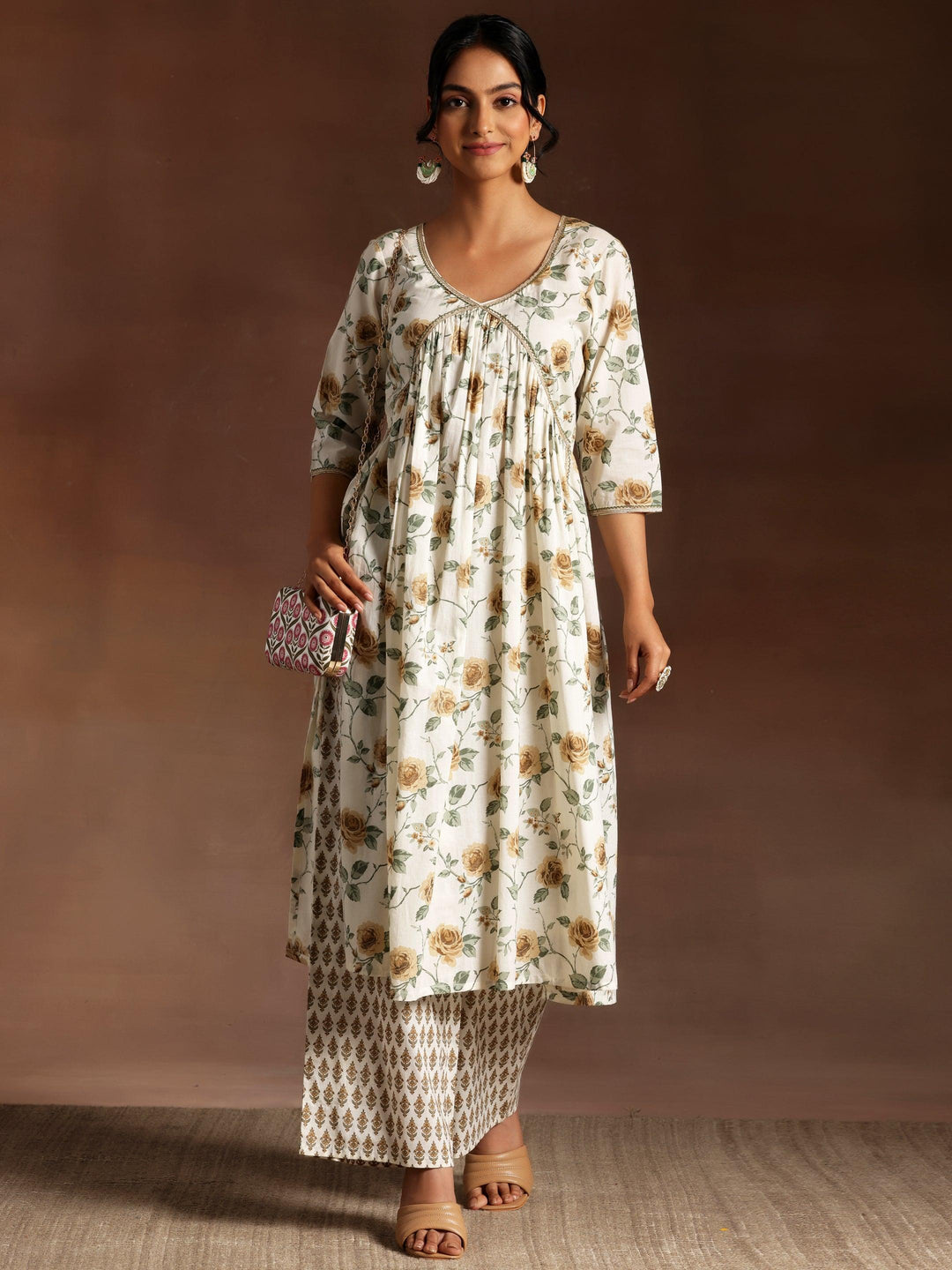 Off White Printed Cotton A-Line Kurta With Palazzos - Libas 