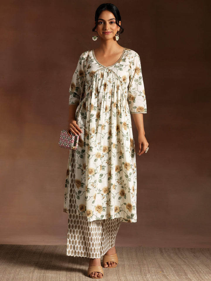 Off White Printed Cotton A-Line Kurta With Palazzos - Libas