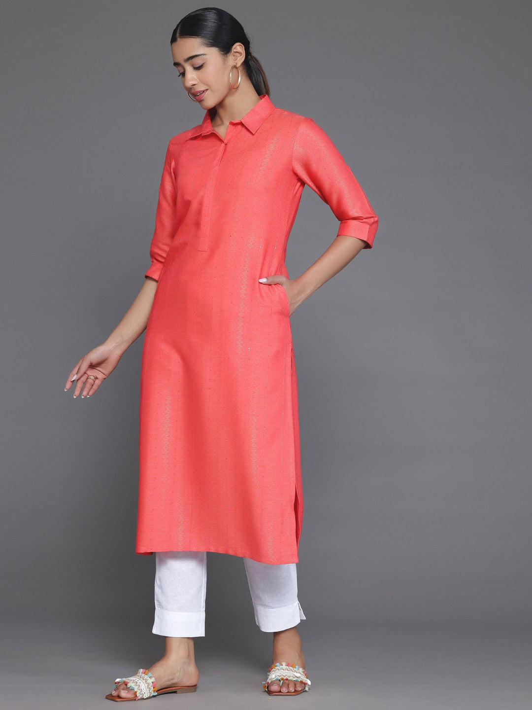 Coral Woven Design Cotton Straight Kurta - Libas 