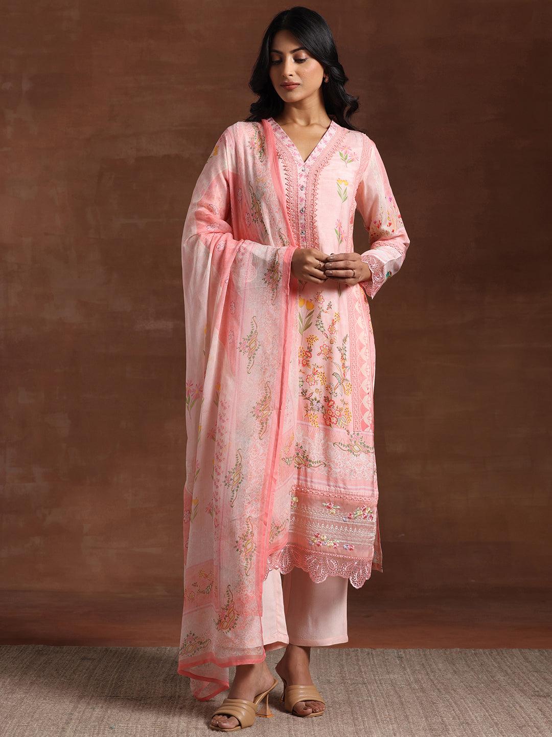 Pink Printed Silk Blend Straight Suit With Dupatta - Libas