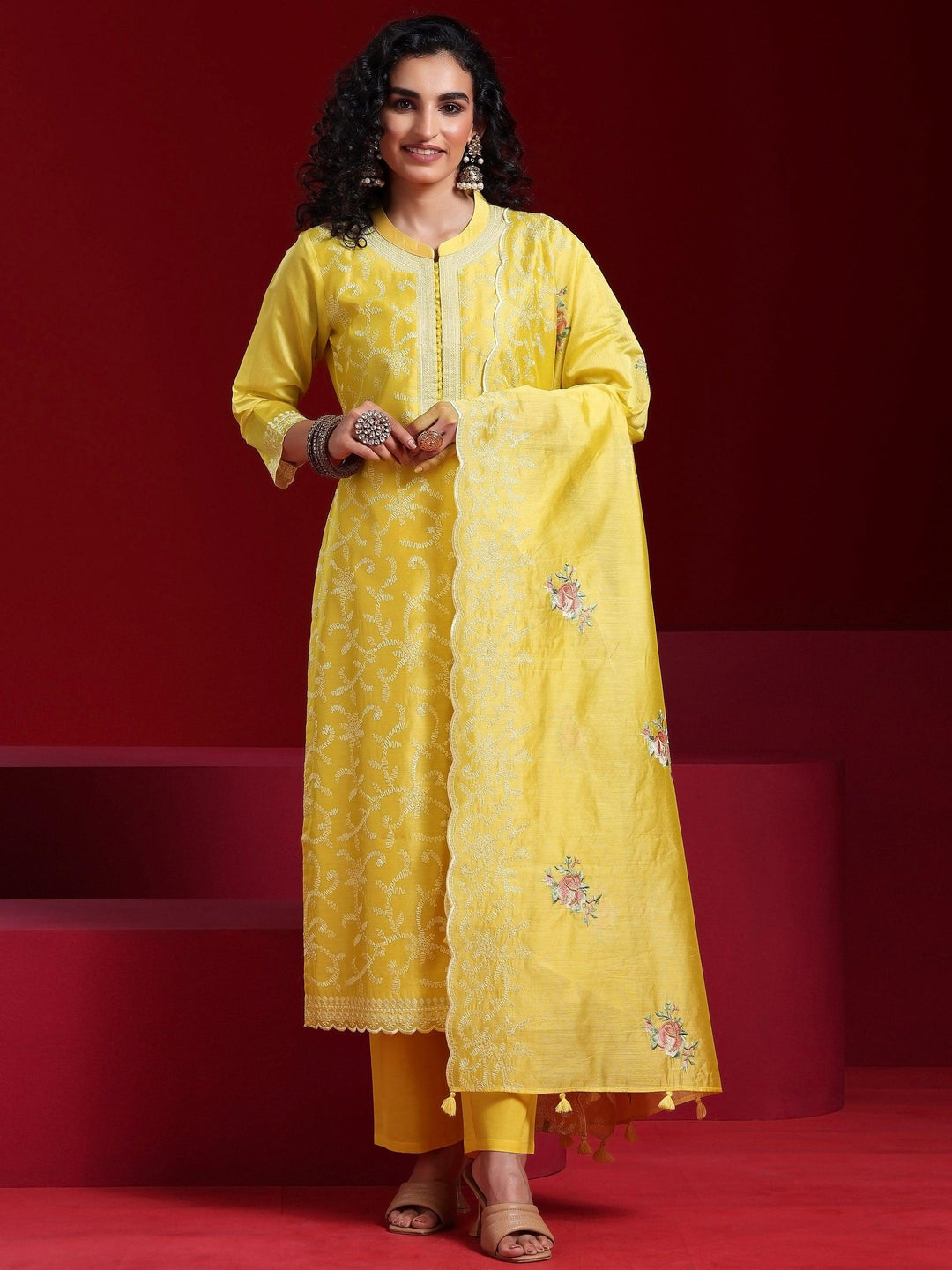 Libas Art Yellow Embroidered Chanderi Silk Straight Suit With Dupatta - Libas 