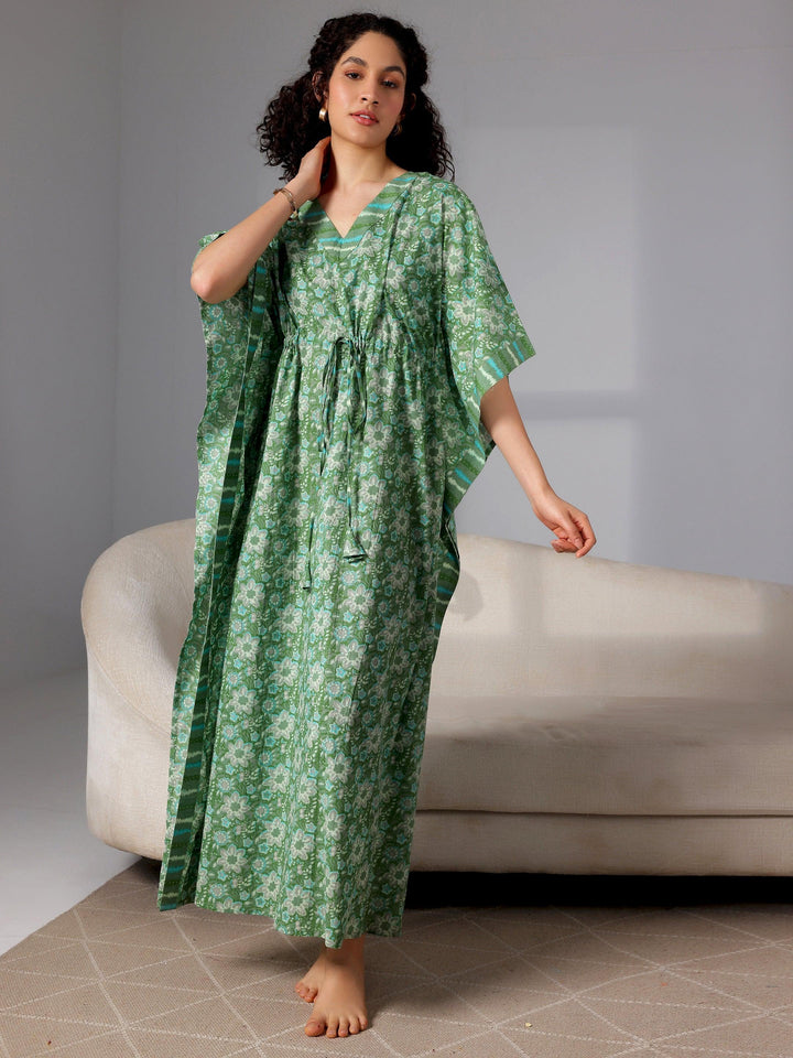 Green Printed Cotton Kaftan Night Dress - Libas