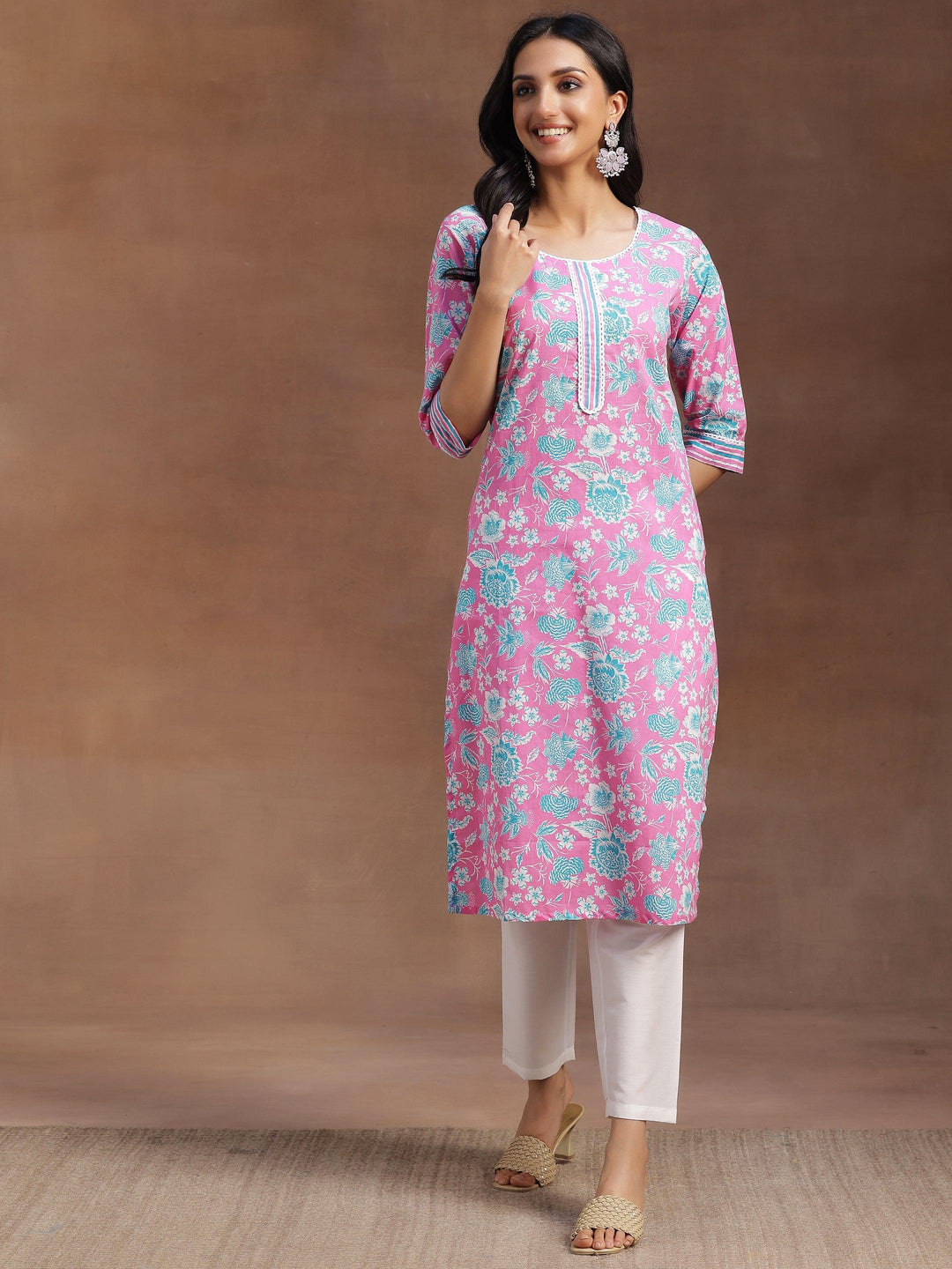 Pink Printed Cotton Straight Kurta - Libas