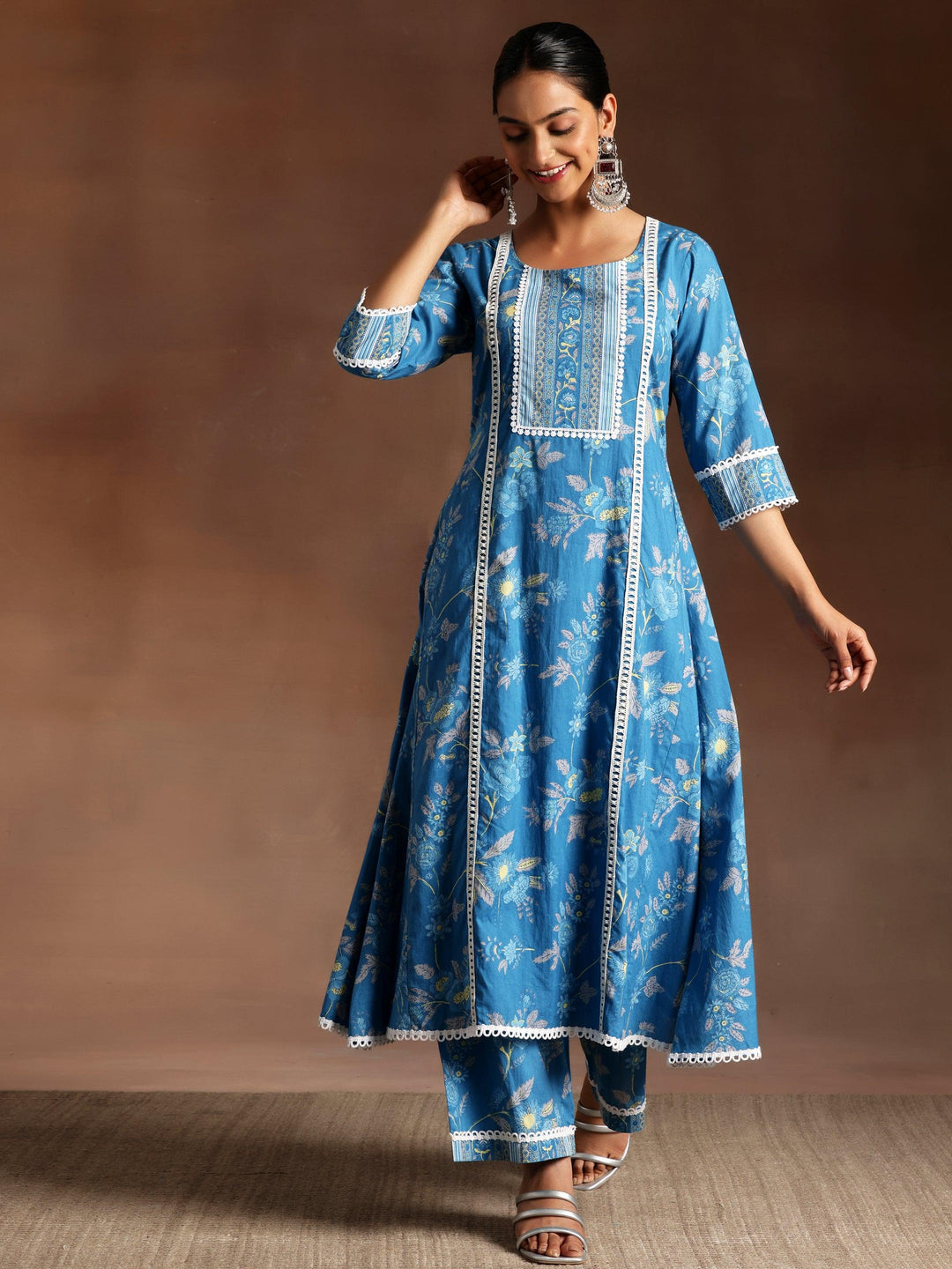 Blue Printed Cotton A-Line Kurta With Palazzos - Libas 