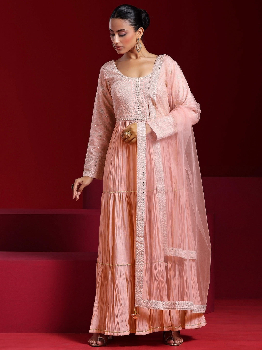 Libas Art Peach Embroidered Cotton Blend A-Line Kurta With Sharara & Dupatta - Libas