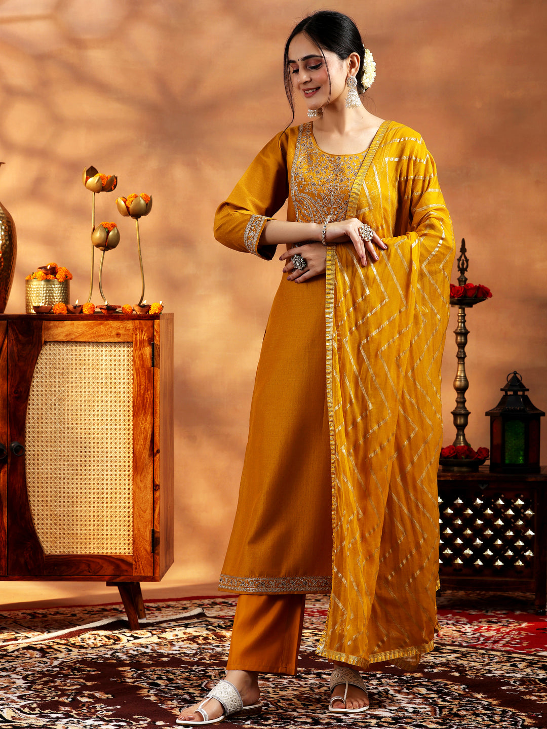 Mustard Embroidered Silk Blend A-Line Kurta With Trousers & Dupatta