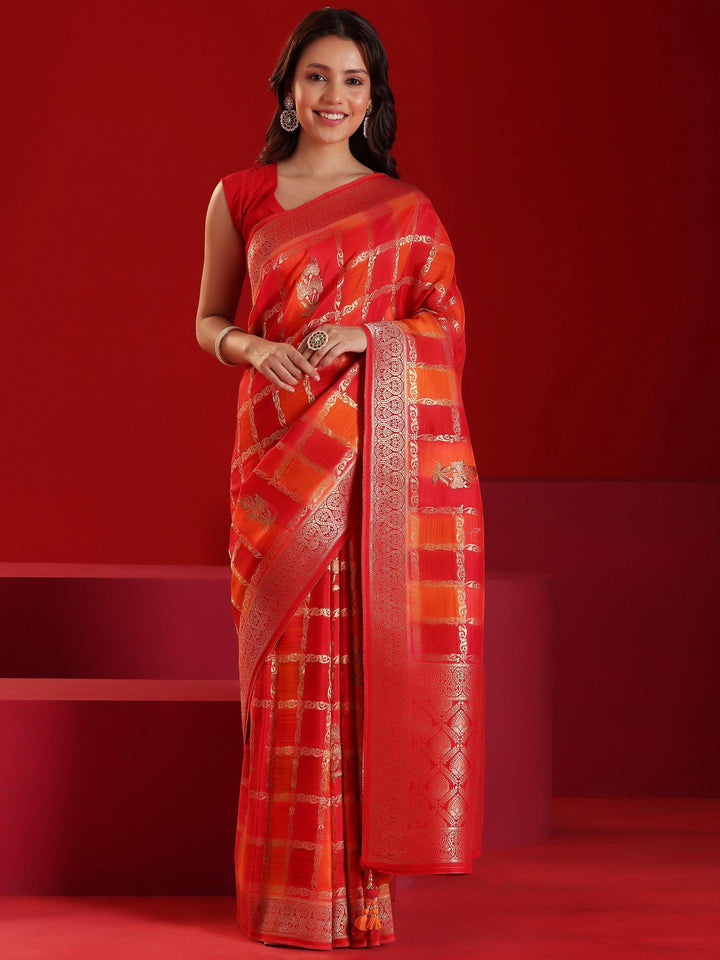 Libas Art Orange Woven Design Satin Saree With Unstitched Blouse Piece - Libas