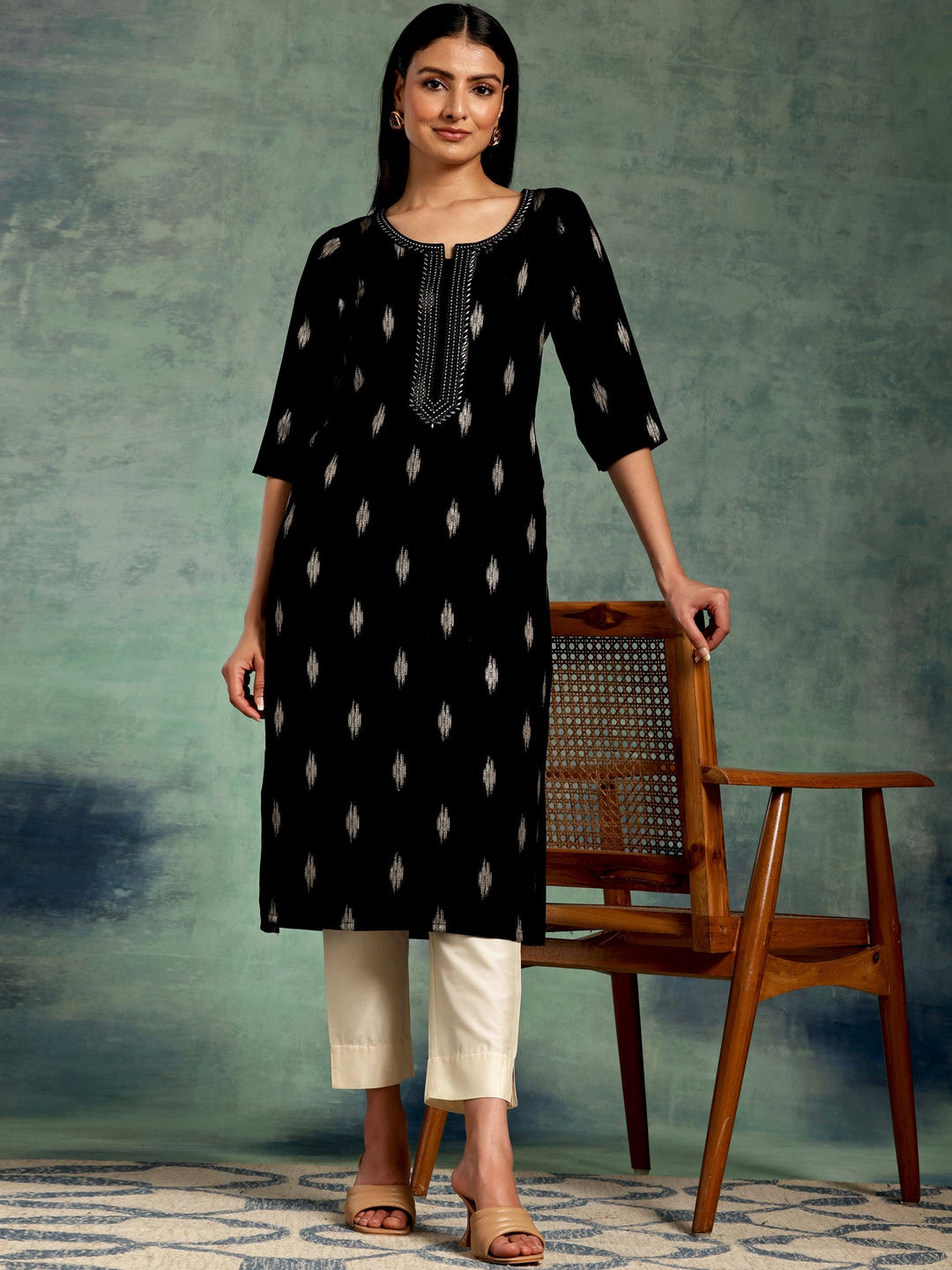 Black Embroidered Rayon Straight Kurta - Libas 