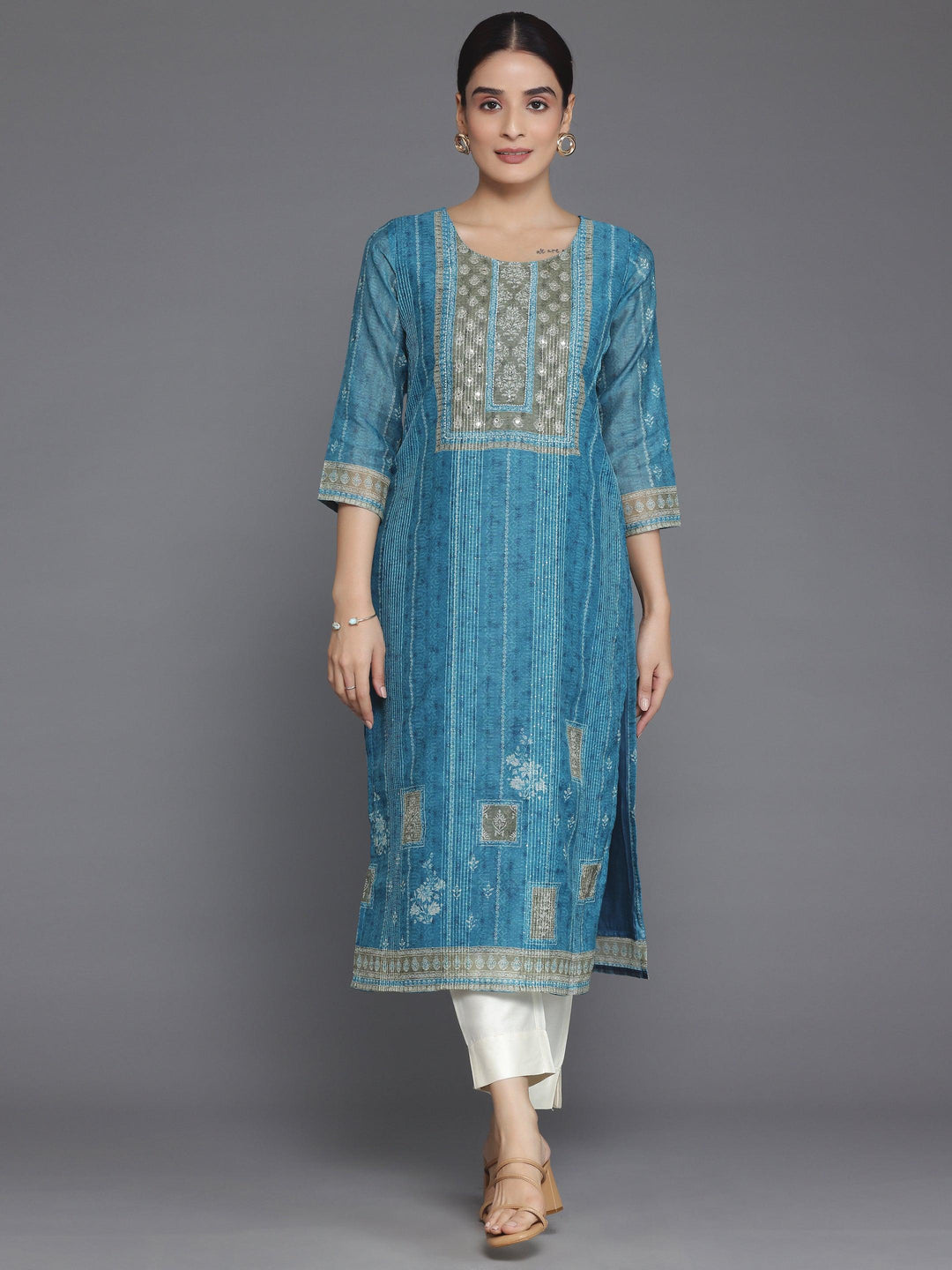 Blue Embellished Chanderi Silk Straight Kurta - Libas 