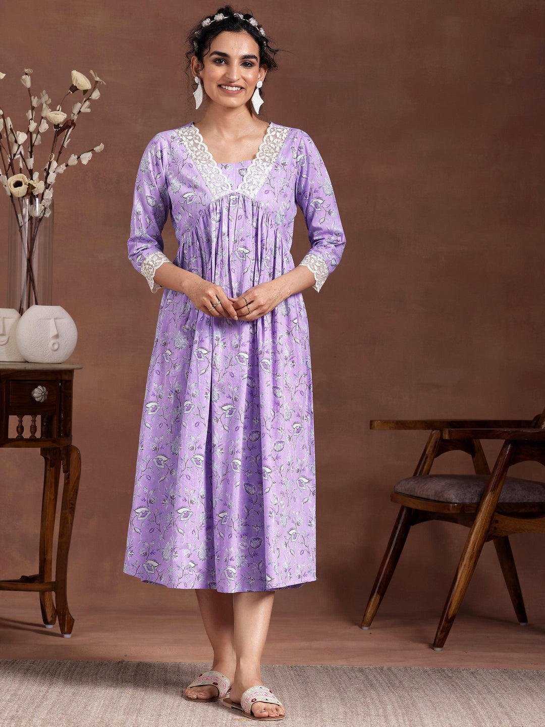 Lavender Printed Cotton Fit and Flare Dress - Libas