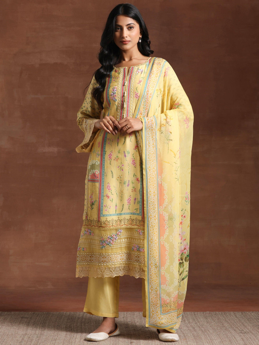 Yellow Printed Silk Blend Straight Suit With Dupatta - Libas 