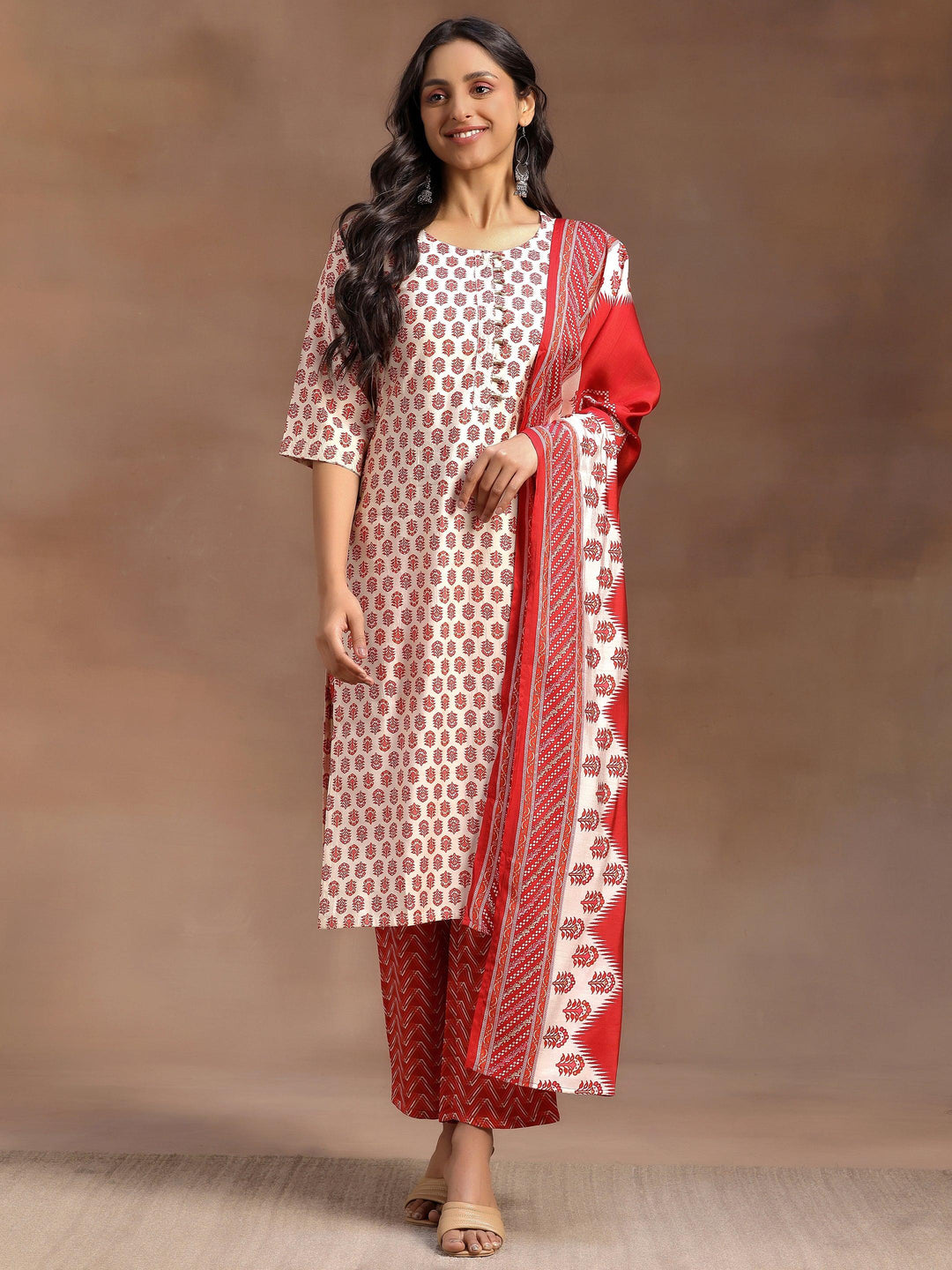 Beige Printed Silk Blend Straight Suit With Dupatta - Libas