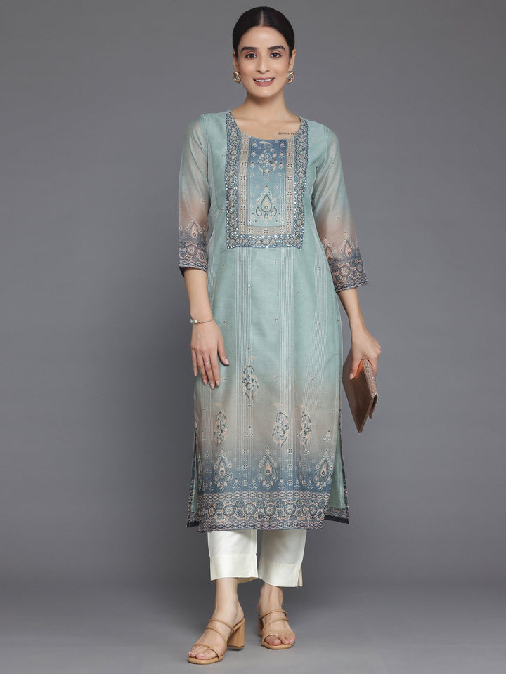 Grey Embellished Chanderi Silk Straight Kurta - Libas