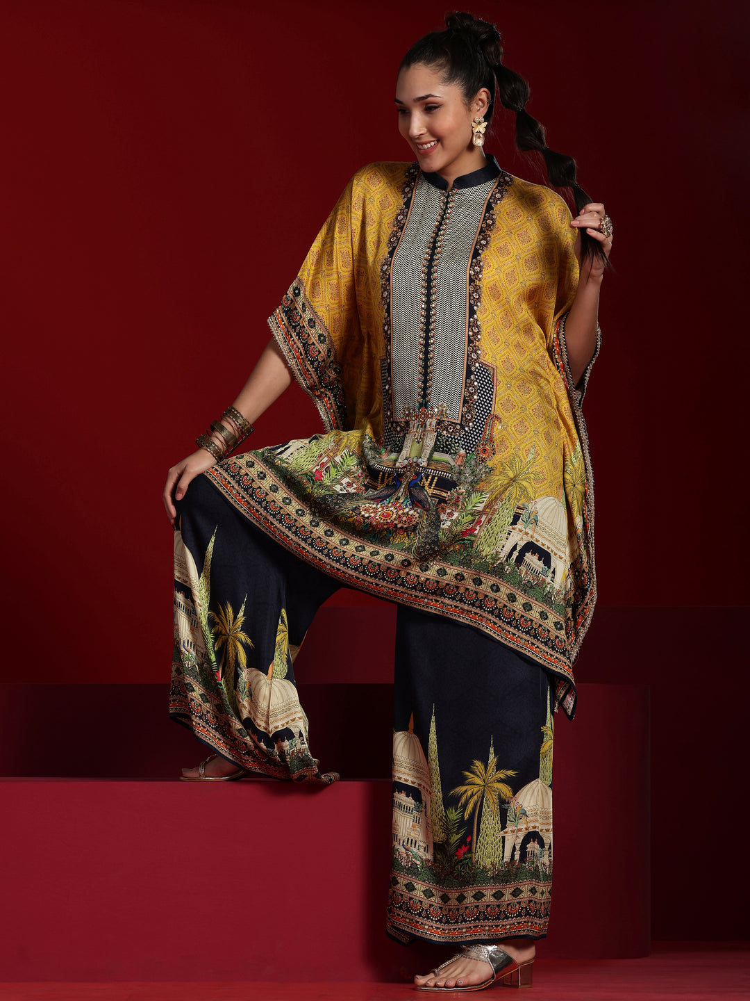  Libas Art Mustard Printed Silk Blend Straight Kurta With Palazzos 