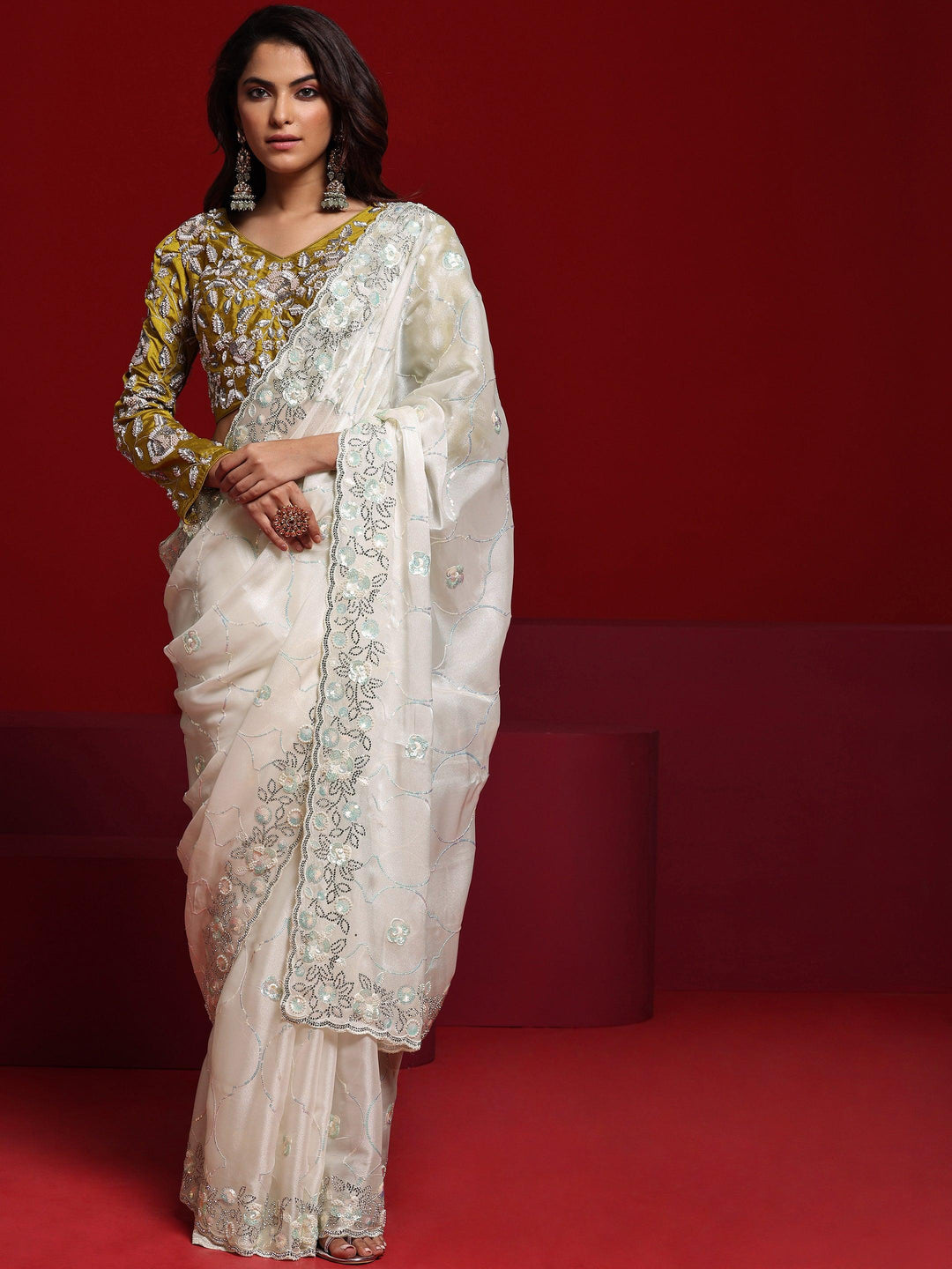 Libas Art Off White Embellished Tissue Saree With Unstitched Blouse Piece - Libas